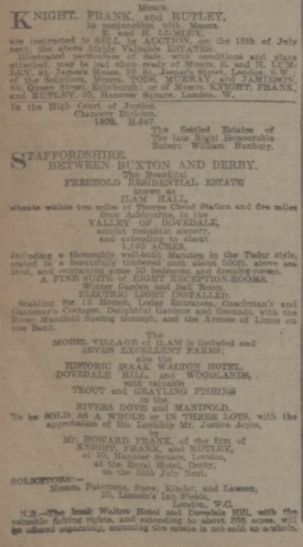 Ilam Hall Auction Notice 1910 (Yorkshire Post and Leeds Intelligencer)
